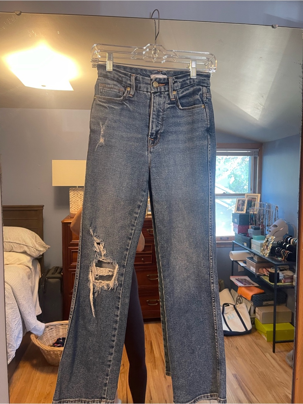 Good American Straight-Leg Distressed Jeans in Blue Wash